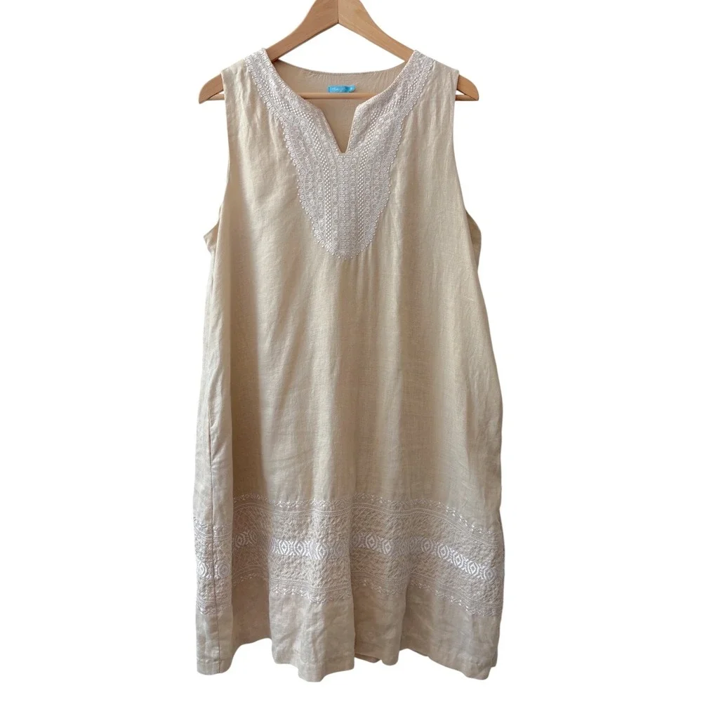 J.McLaughlin Tan Linen Embroidered Sleeveless Shift Dress XL‎ Beige Pockets